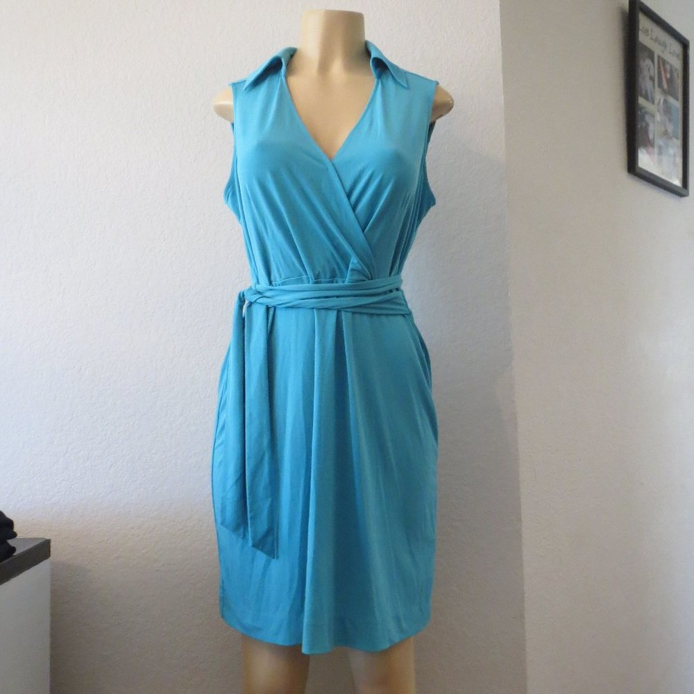 New York & Company Stretch Knit Faux Wrap DRESS Blue sz LARGE